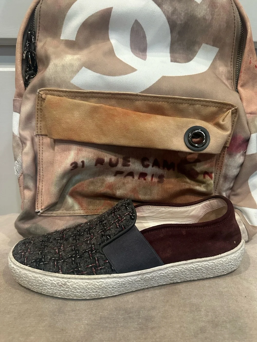 Chanel Tweed & Suede Sneaker in Charcoal and Burgundy